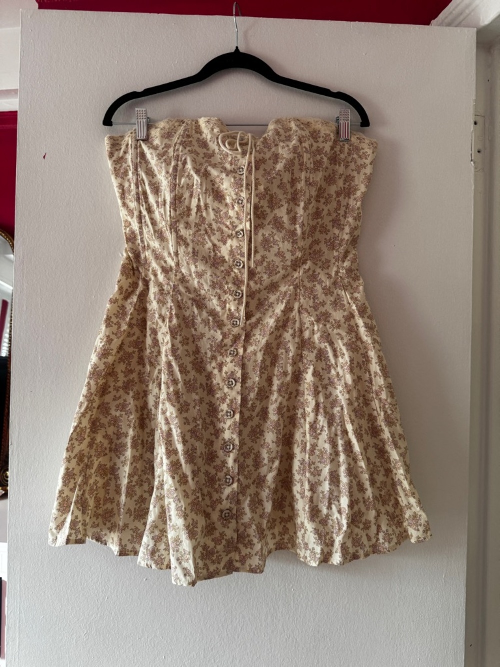 UO Strapless Cream Corset Floral Button-Front Mini Dress